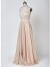 Deep V Neck Champagne Lace Tulle Beading Floor Length Prom Dress